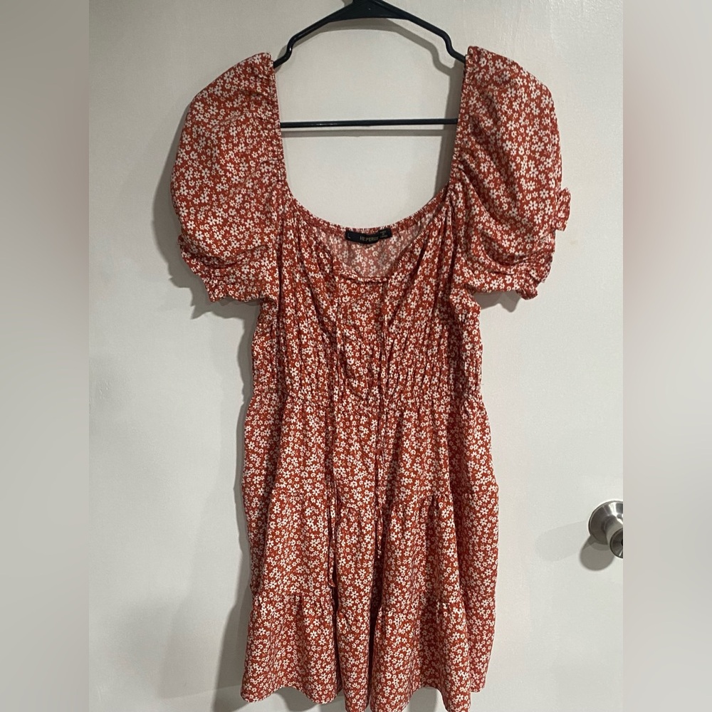 Women's Mini Dress in Rust Floral with Puff Sleeves